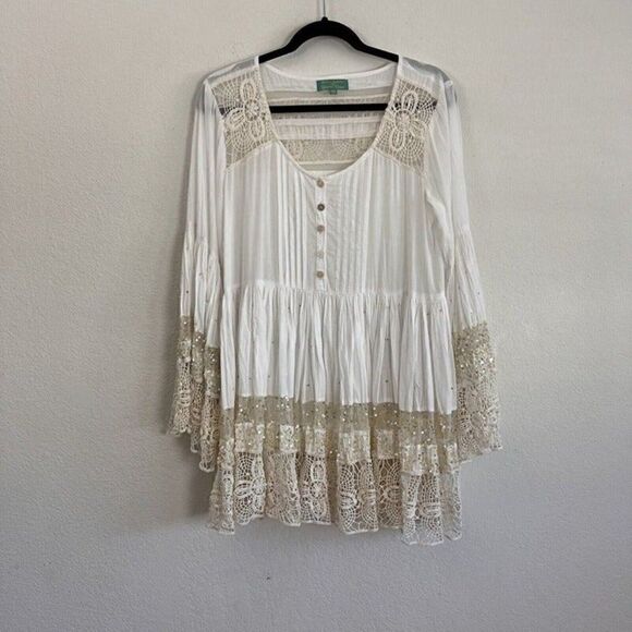 Amlica Santoria by Giacomo Cinque White Sequin Lace Tiered Tunic Boho Dress OS - Picture 1 of 12